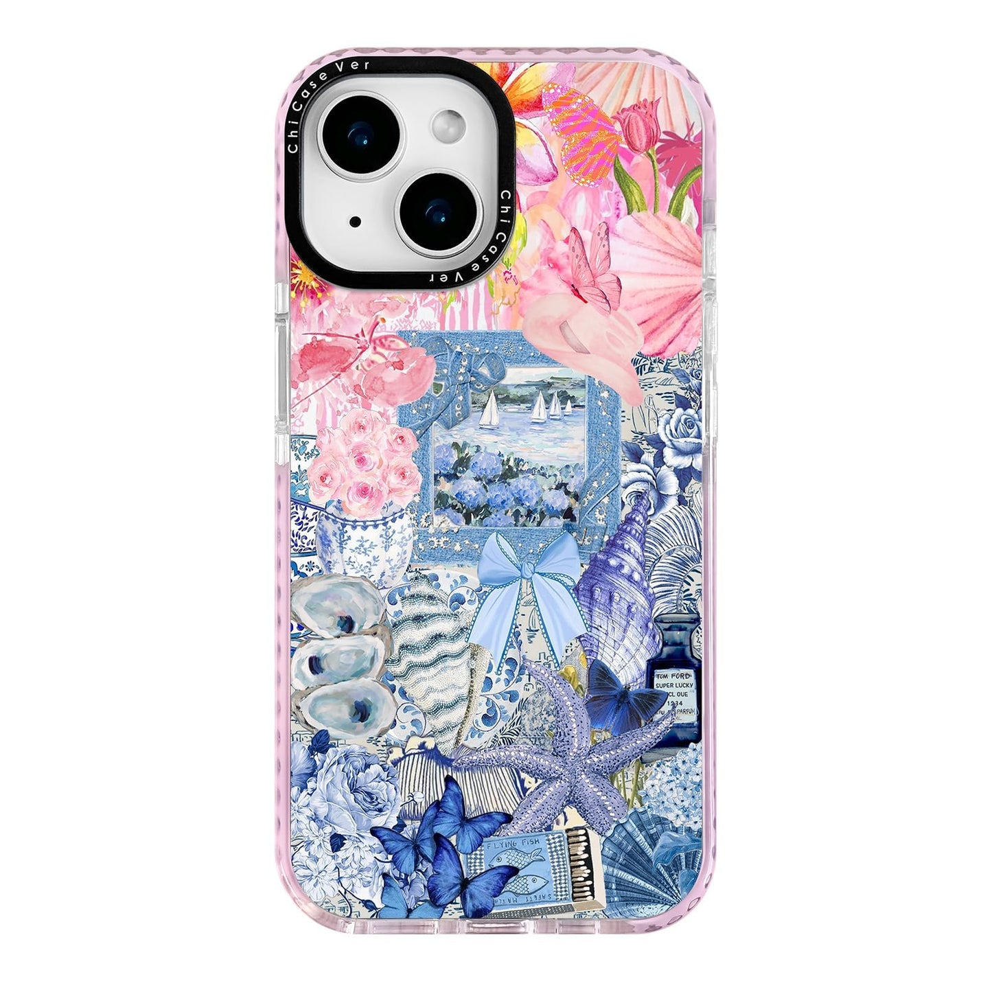 ChiCaseVer for iPhone 15 Plus Case,Coastal Vintage Collage with Shells & Floral Aesthtic Design Pattern,Military-Grade Drop Prot