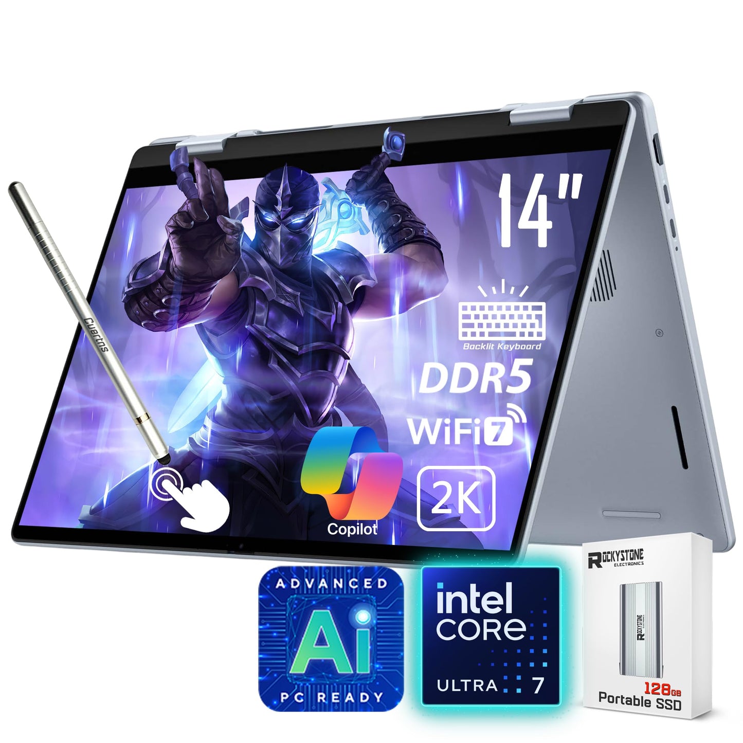 Dell 14 Plus 2-in-1 AI Ready Laptop, 14 2K Touchscreen, Core Ultra 7 256V(>i9-12900K), Copilot+ PC, Backlit Keyboard, WiFi 7, Th