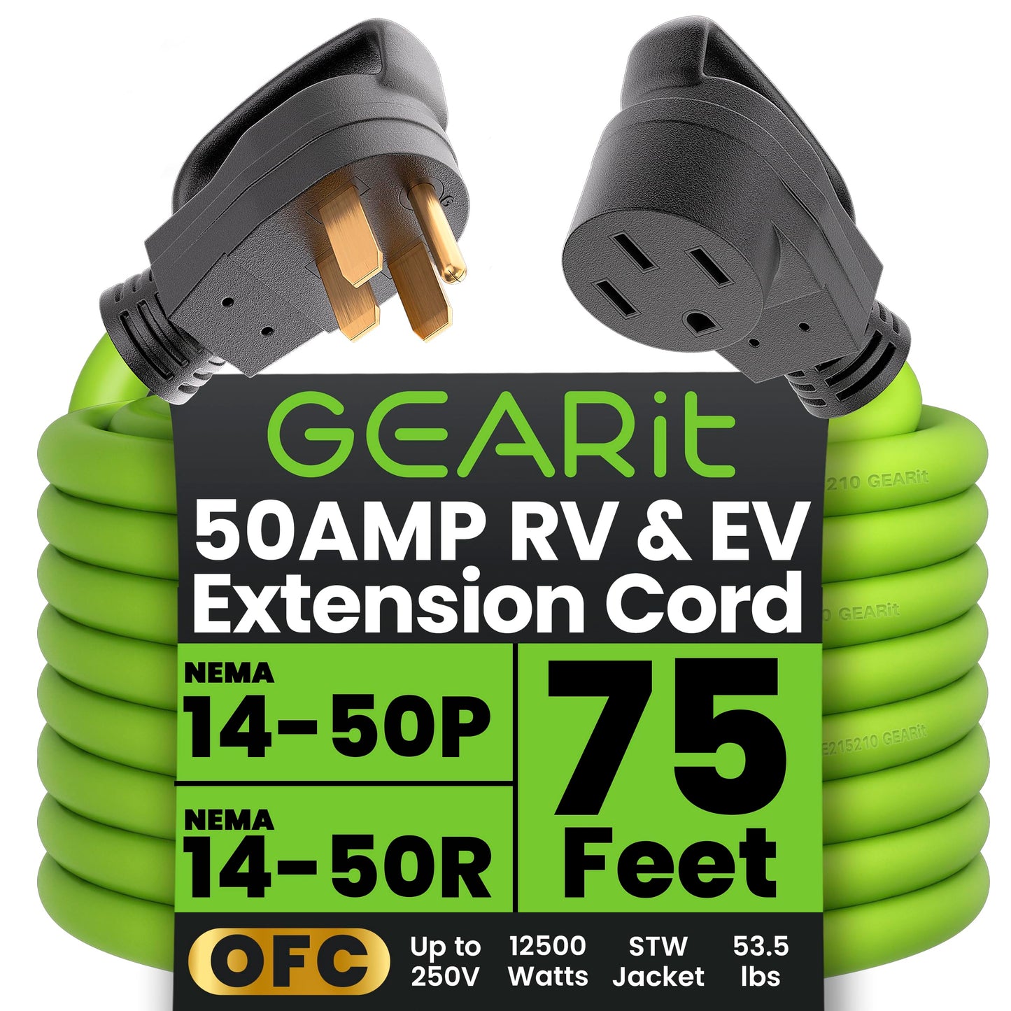 GEARit 50-Amp Extension Cord for RV & EV, 250-Volt, 4-Prong, Compatible with Tesla Models, NEMA 14-50P to 14-50R 6/3, 8/1 STW AW