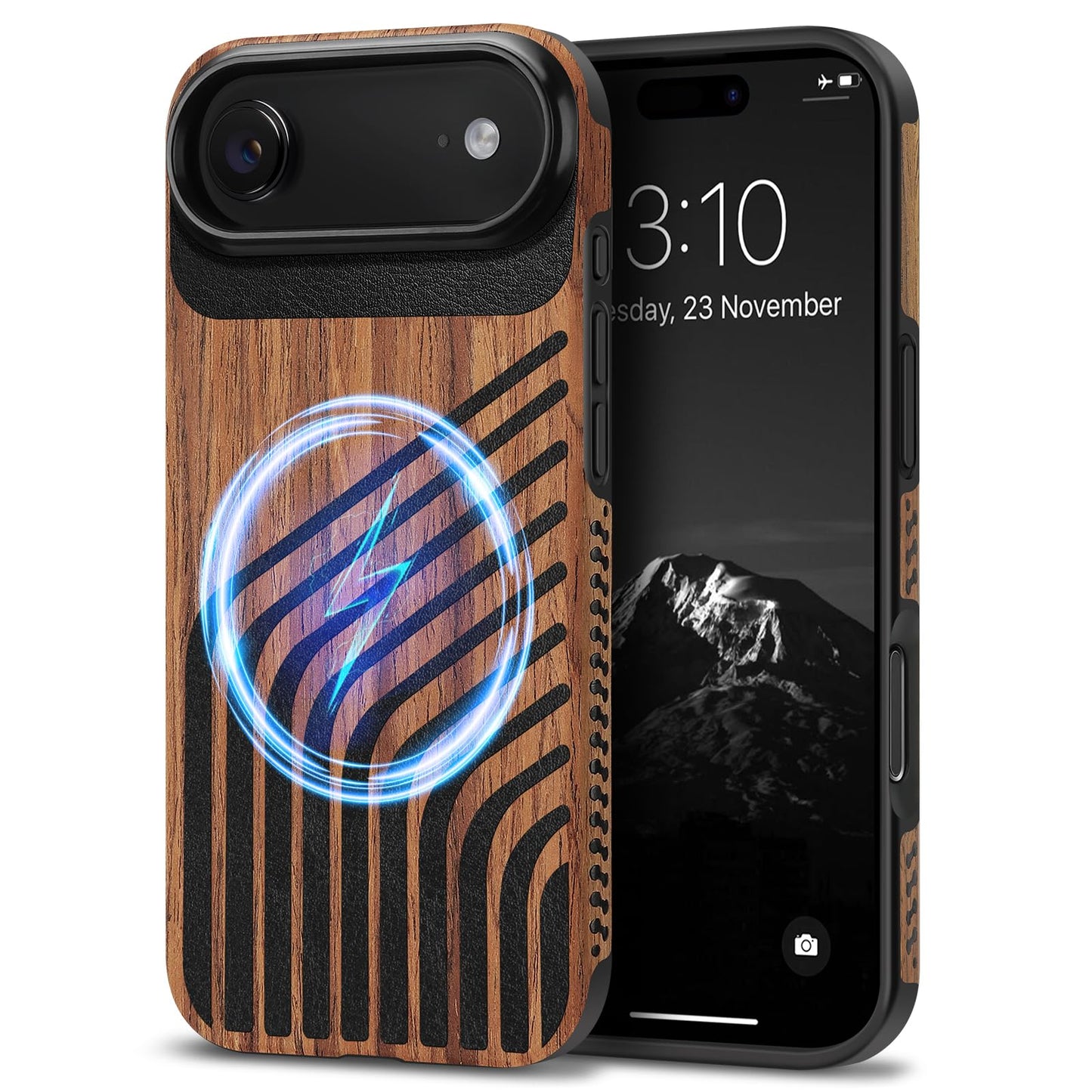 TENDLIN Magnetic Case Compatible with iPhone Air Case Wood Grain with Carbon Fiber Texture Design Leather Hybrid Slim Cover (Com