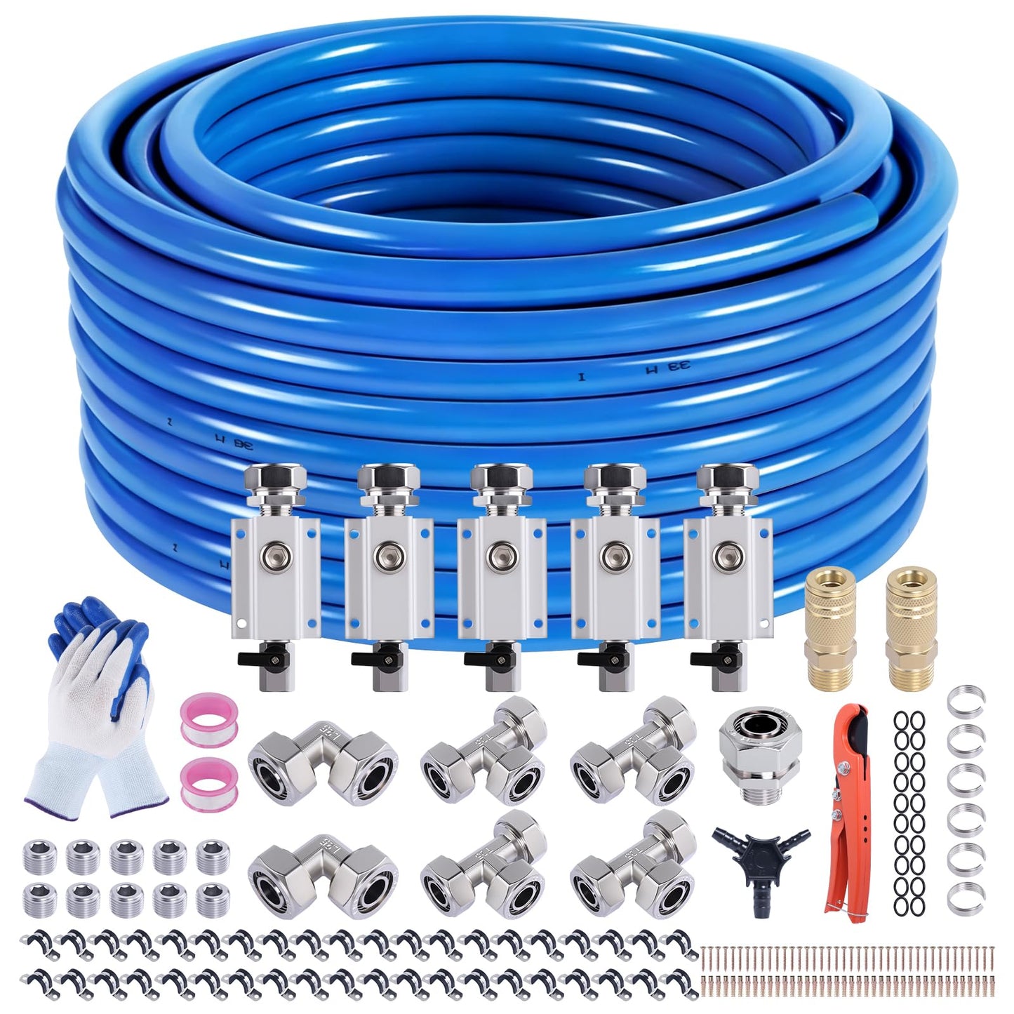 Boeray Shop Air Line Kit 3/4 200FT Compressed Air Piping System HDPE-Aluminum-HDPE Air Tubing with 4-Way Aluminum Blocks Brass V