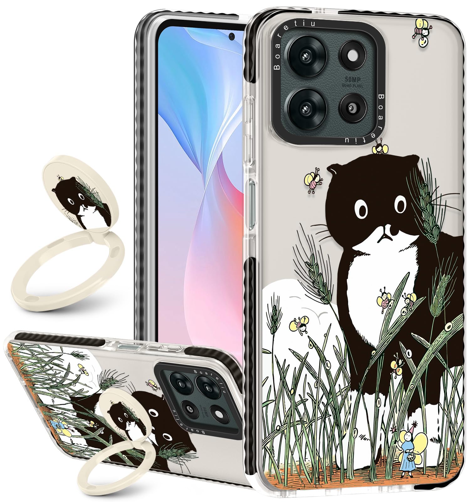Boaretiu for Motorola Moto G 2025 Case - with Stand Cute Kawaii Fashion 360 Rotate Ring Holder Kickstand Black Cat Bee for Women