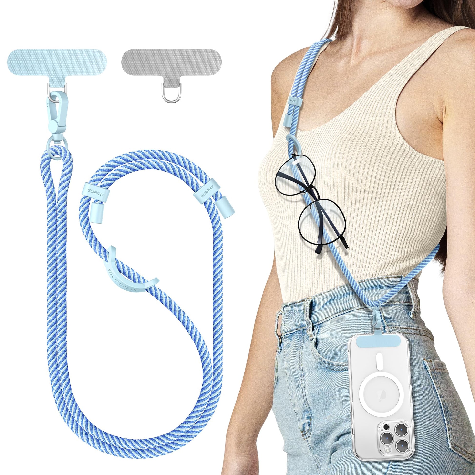 SURPHY Phone Lanyard, Adjustable Phone Strap Crossbody with 2 Pack Phone Tether Tab, Premium Metal Buckles and Two-Color Braided