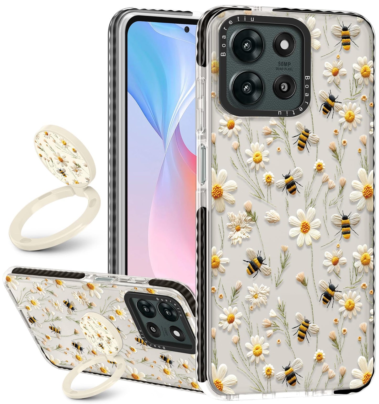 Boaretiu for Motorola Moto G 2025 Case - with Stand Cute Kawaii Fashion 360 Rotate Ring Holder Kickstand Flower Bee for Women Gi