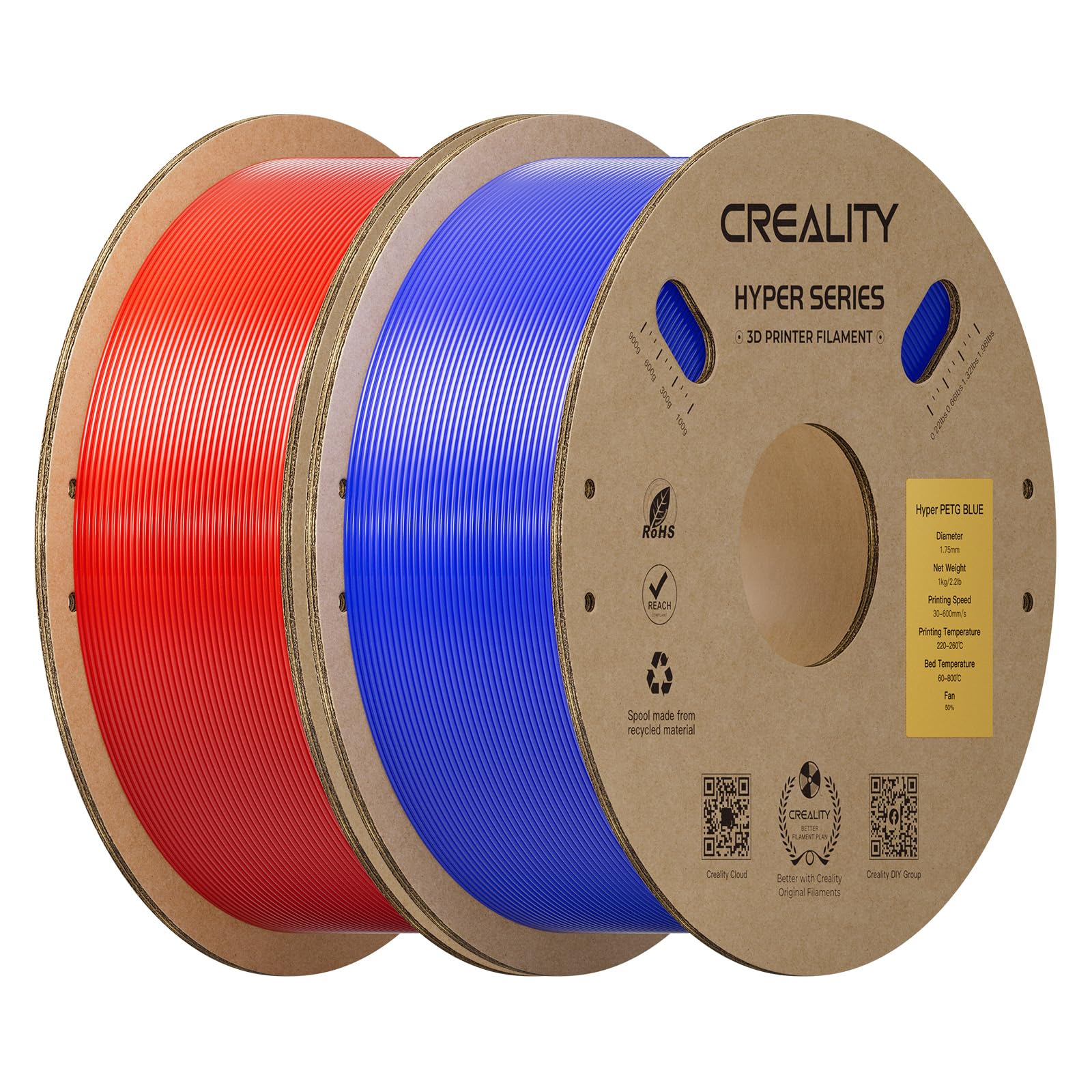 Creality Hyper PETG Filament Bundle 1.75mm 2KG, 3D Printer PETG Filament Designed for High Speed 30-600mm/s, High Transparency &