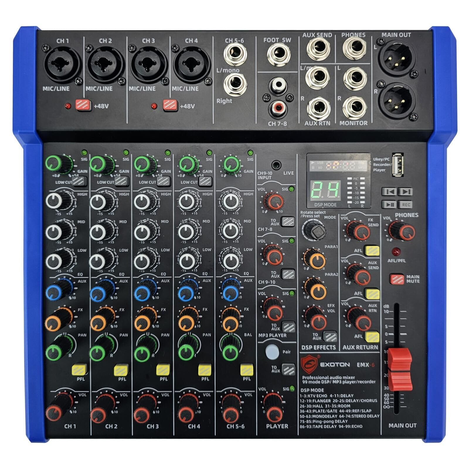 EXOTON Professional Audio Mixer Console, 6 Channel with USB, Bluetooth, MP3 Input, 48V Phantom Power, Ideal for Studio, Live Per