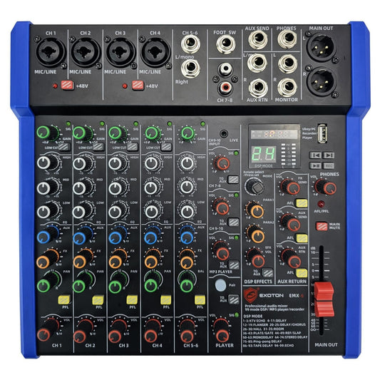 EXOTON Professional Audio Mixer Console, 6 Channel with USB, Bluetooth, MP3 Input, 48V Phantom Power, Ideal for Studio, Live Per