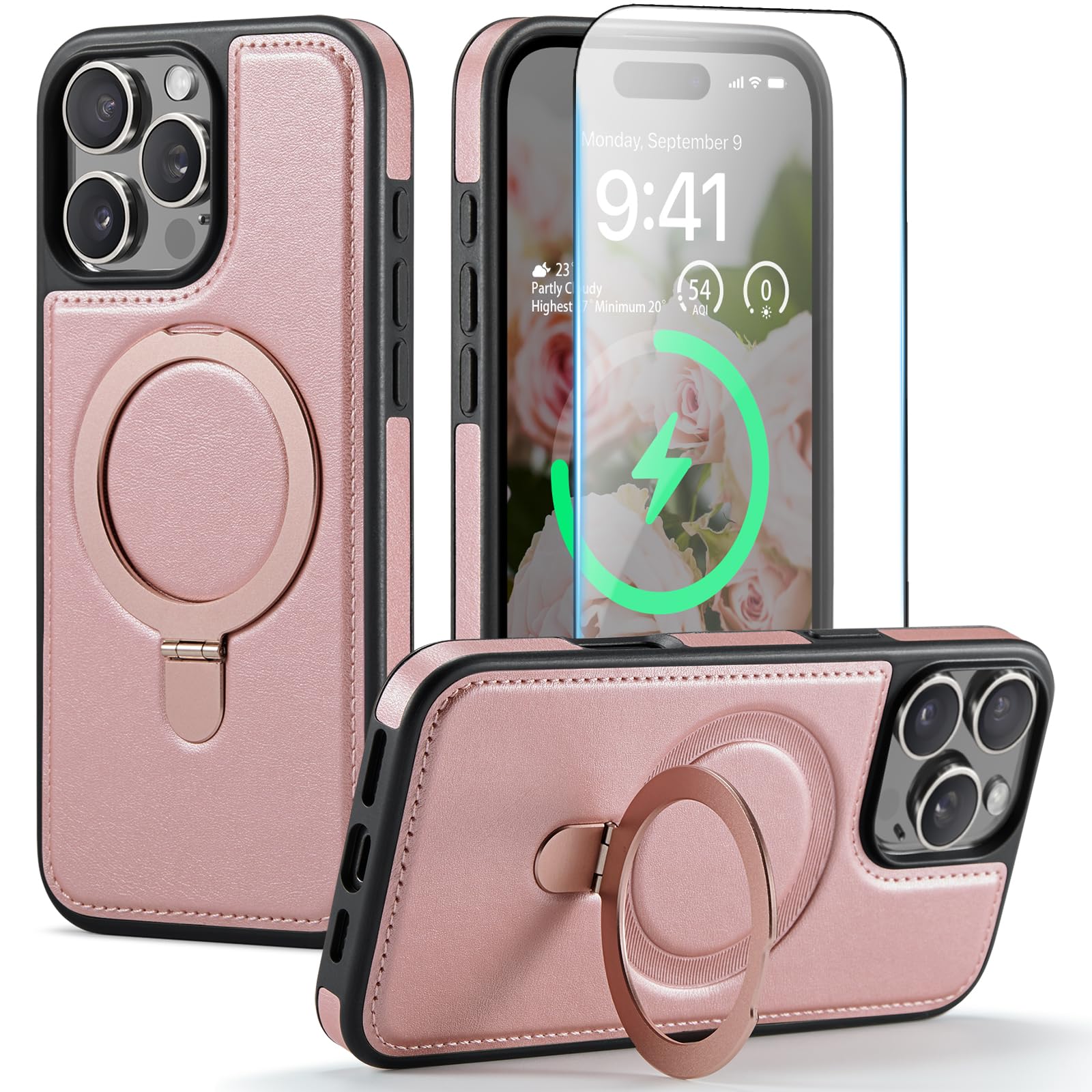 CHEEWADA for iPhone 16 Pro Max Case with Stand Compatible with Magsafe Slim PU Leather Rubber Drop Proof Magnetic Kickstand Prot