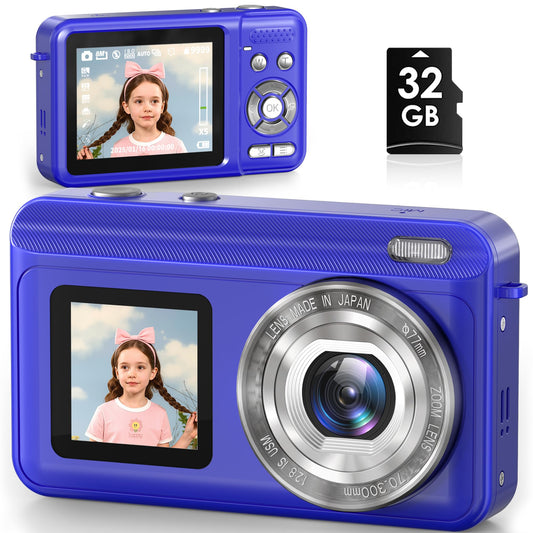 Digital Camera, Real 2.7K Dual-Screen Digital Camera for Photography Auto-Focus Vlogging Camera for YouTube Video 16x Zoom 32GB