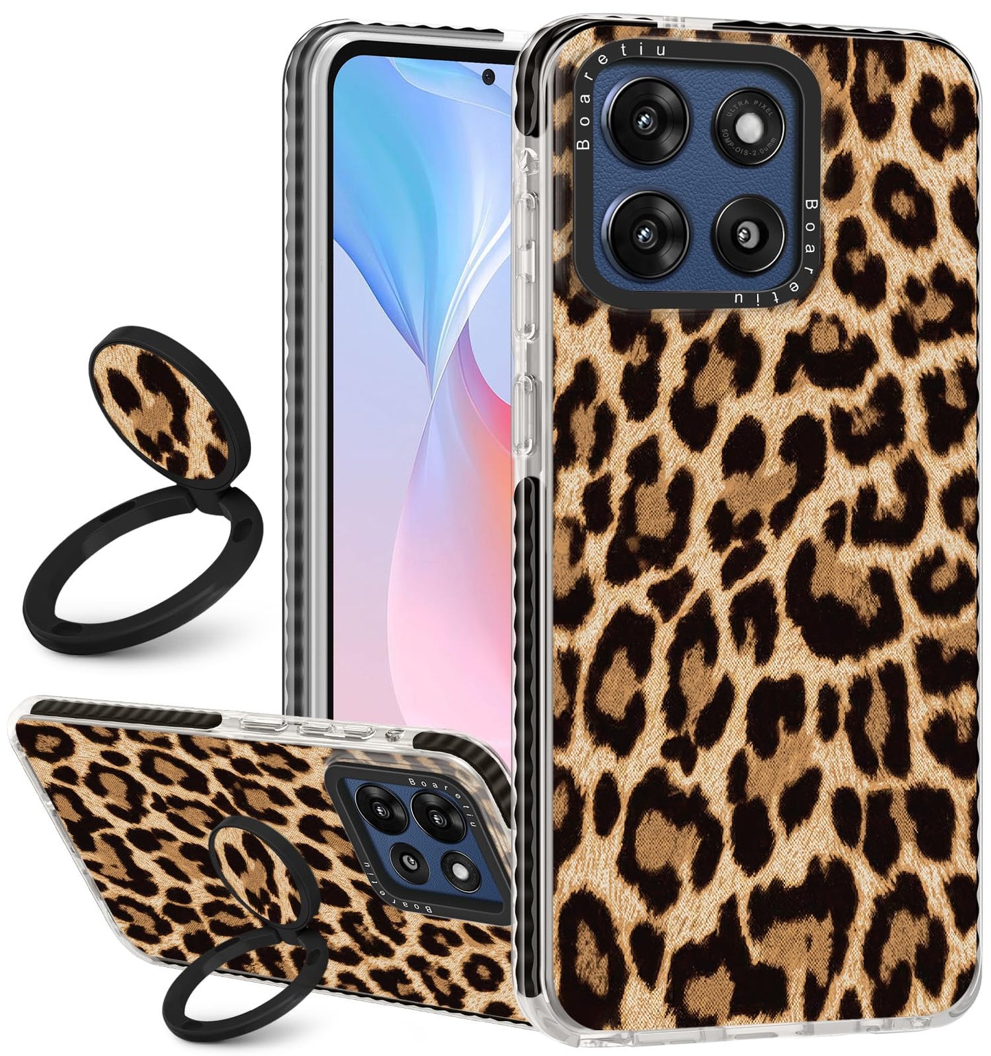 Boaretiu for Motorola Moto G Stylus 2025 Case - with Stand Cute Kawaii Fashion 360 Rotate Ring Holder Kickstand Leopard for Wome