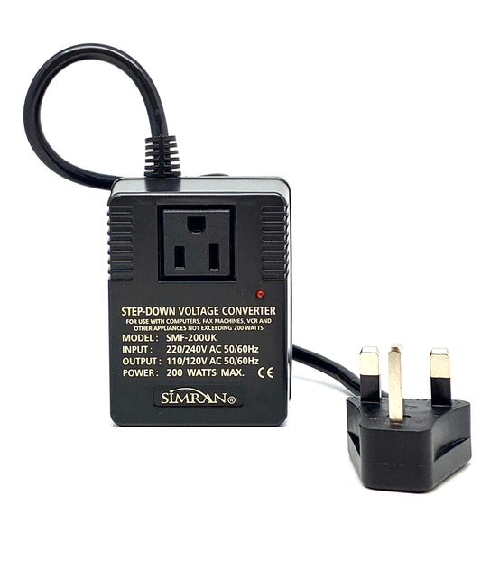 Simran SMF-200UK Deluxe 200 Watts Step Down Voltage Converter for International Travel to AC 220V/240V Countries, Ideal for Lapt