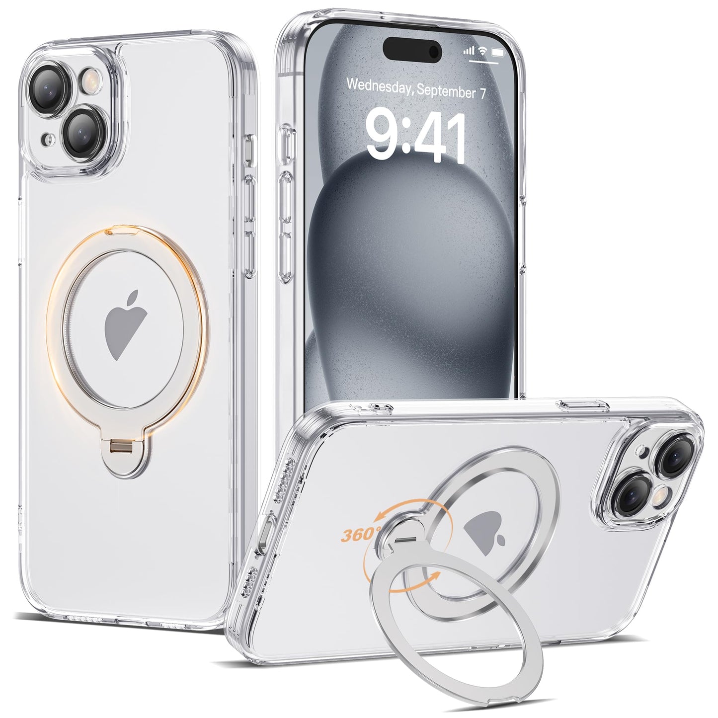 AmoraAqua Compatible with iPhone 15 Case with 360 Rotatable Magnetic Ring Stand [Compatible with Mag-Safe] Full Camera Lens Prot