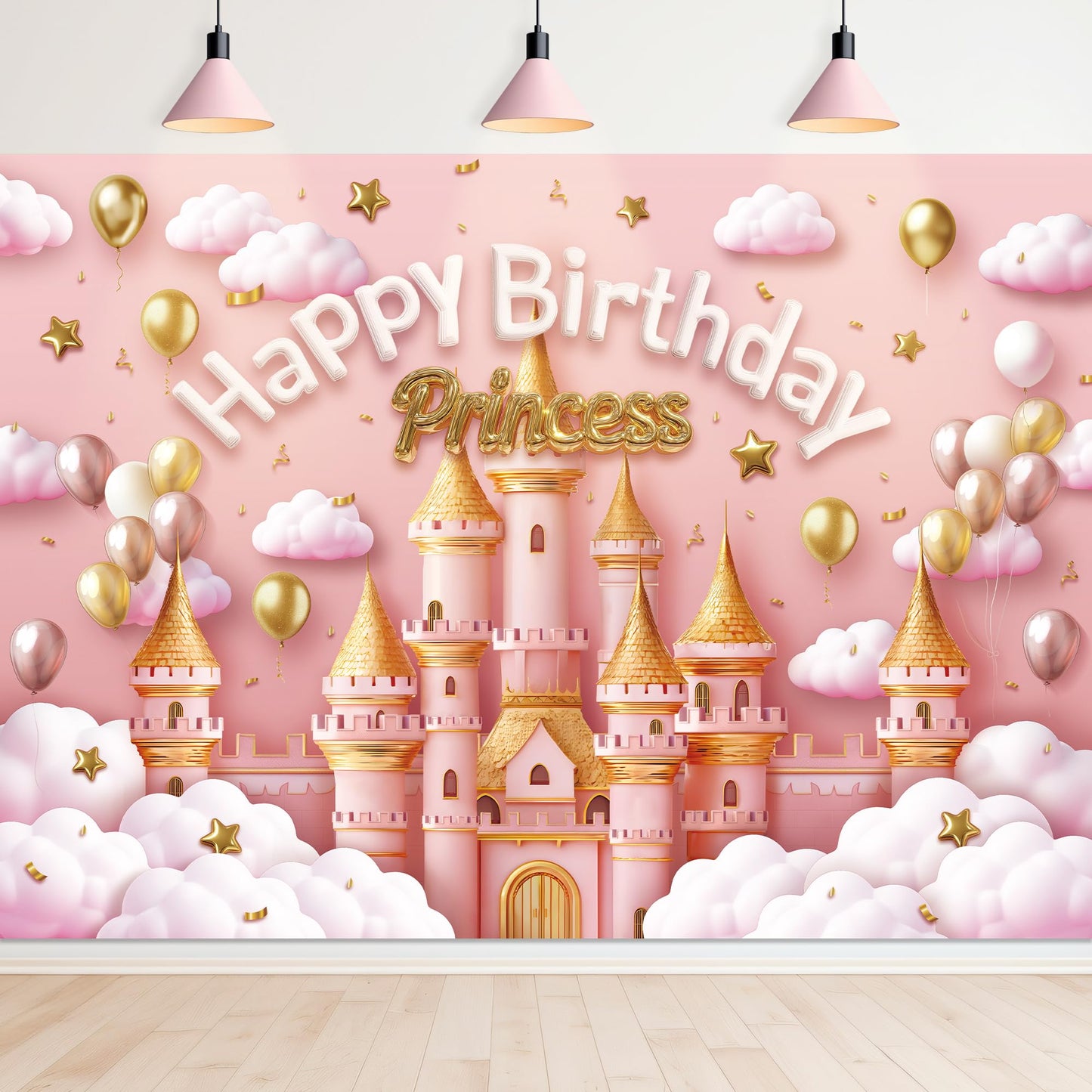 Newsely Princess Castle Backdrop 7Wx5H Photography Pink Goleden Balloons Pastel Cloudy Sky Cute Lovely Fantasy Pretty Beautiful