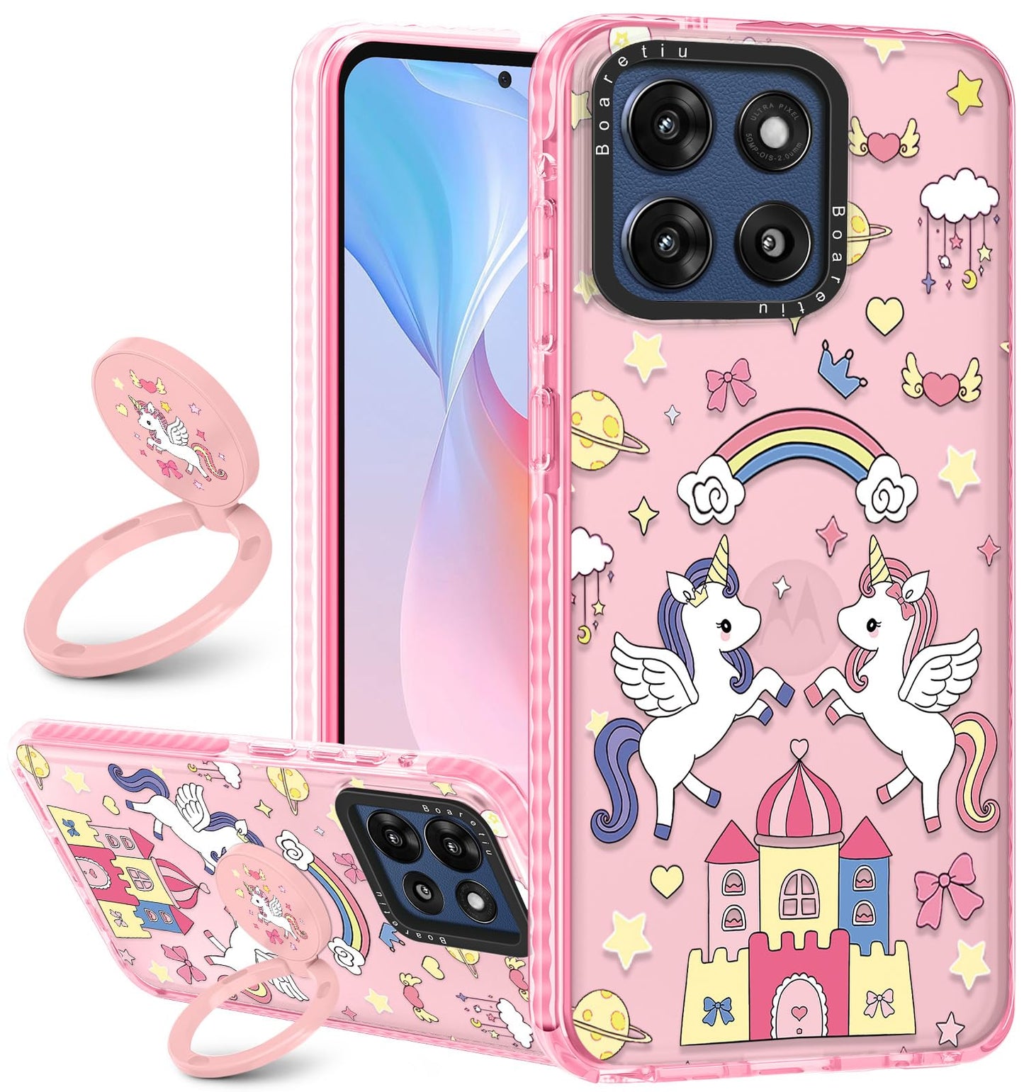 Boaretiu for Motorola Moto G Stylus 2025 Case - with Stand Cute Kawaii Fashion 360 Rotate Ring Holder Kickstand Purple Flower fo