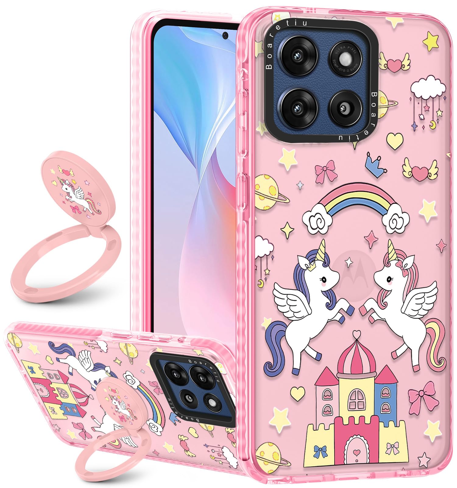 Boaretiu for Motorola Moto G Stylus 2025 Case - with Stand Cute Kawaii Fashion 360 Rotate Ring Holder Kickstand Purple Flower fo