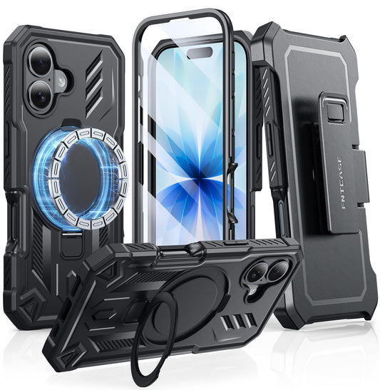 FNTCASE for iPhone 17 Phone Case: with Kickstand [Built-in Screen Protector & Belt Clip] [Compatible with MagSafe] Military-Grad