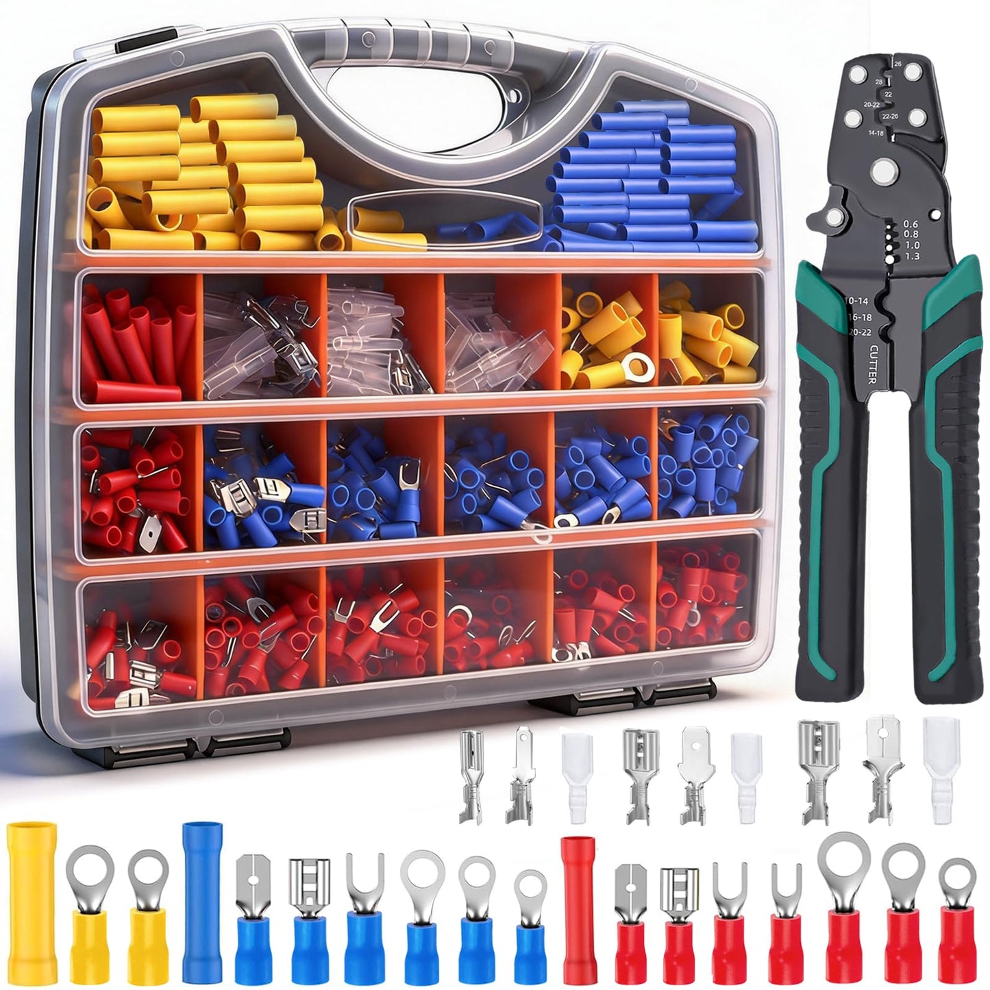 smseace 1100Pcs Crimp Wire Connectors with Crimping Tool Packed in Handheld Box 22-10AWG Insulated Wire Crimp Spade/Fork/Ring/Bu