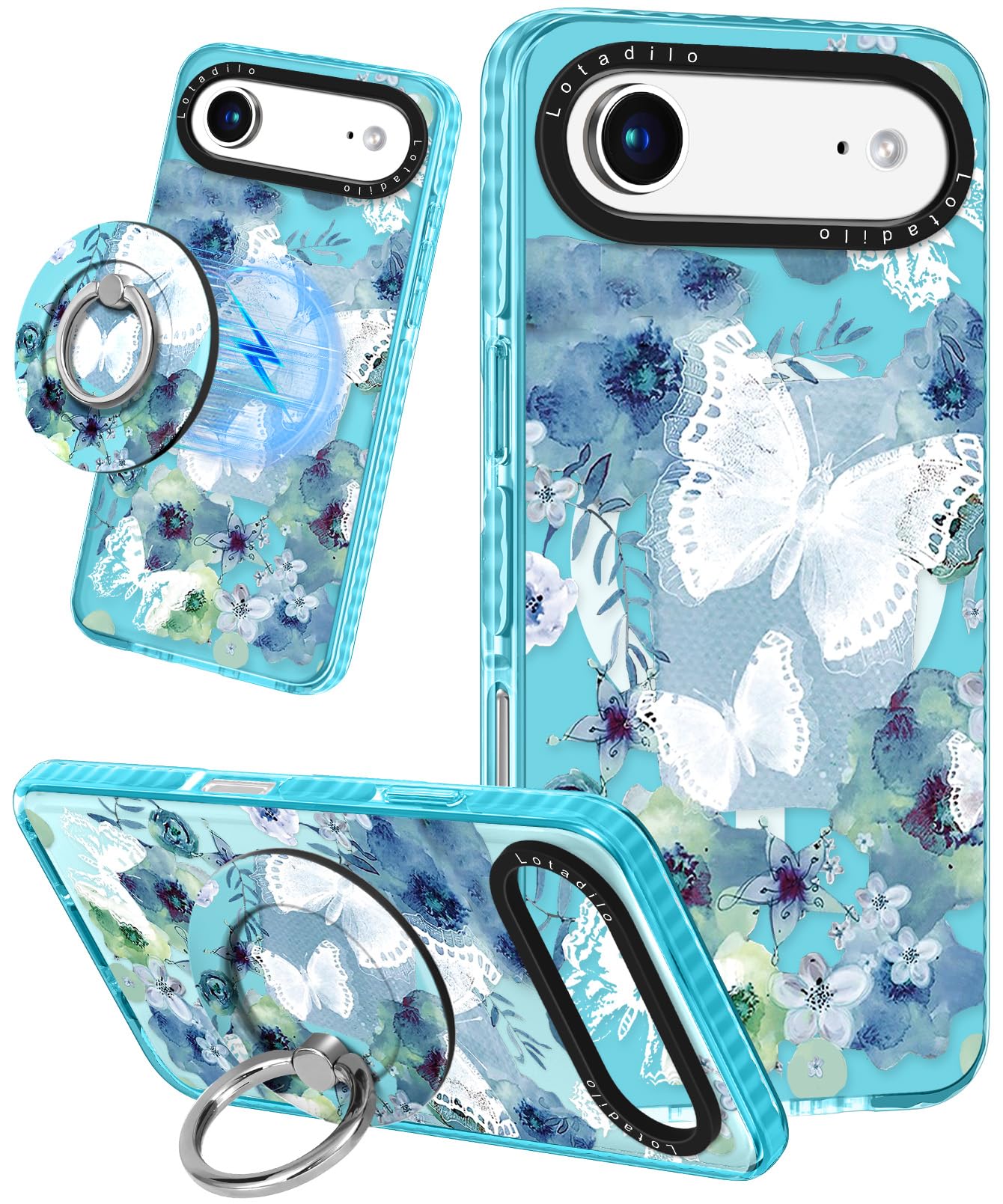 Lotadilo Case for iPhone 17 Air Case Compatible with Magsafe Ring Holder Stand - for Women Ink Butterfly Design TPU Phone Cover