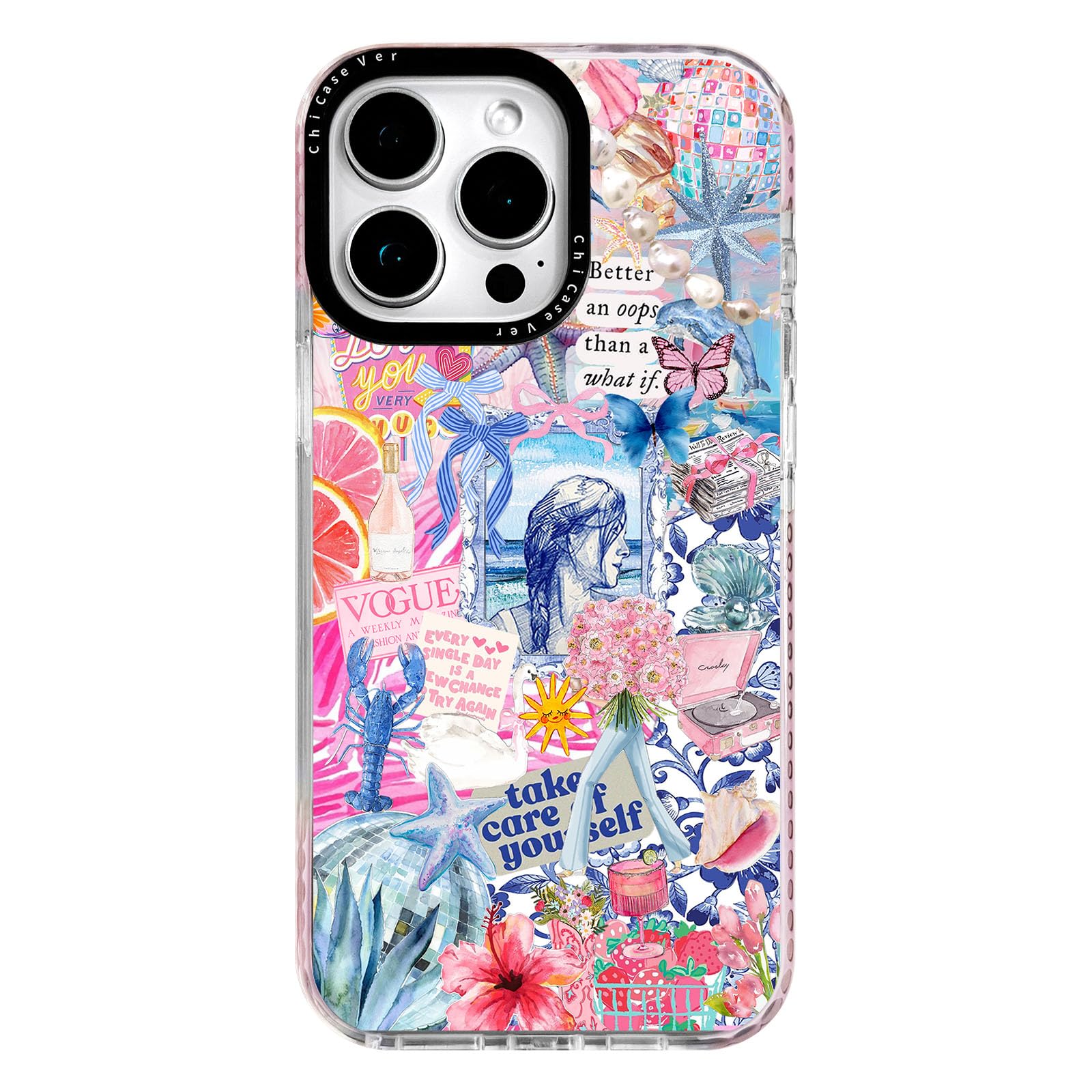 ChiCaseVer for iPhone 15 Case, Motivational Self-Care Collage Pattern with Seashells, Military-Grade Drop Protection, Pastel Sof