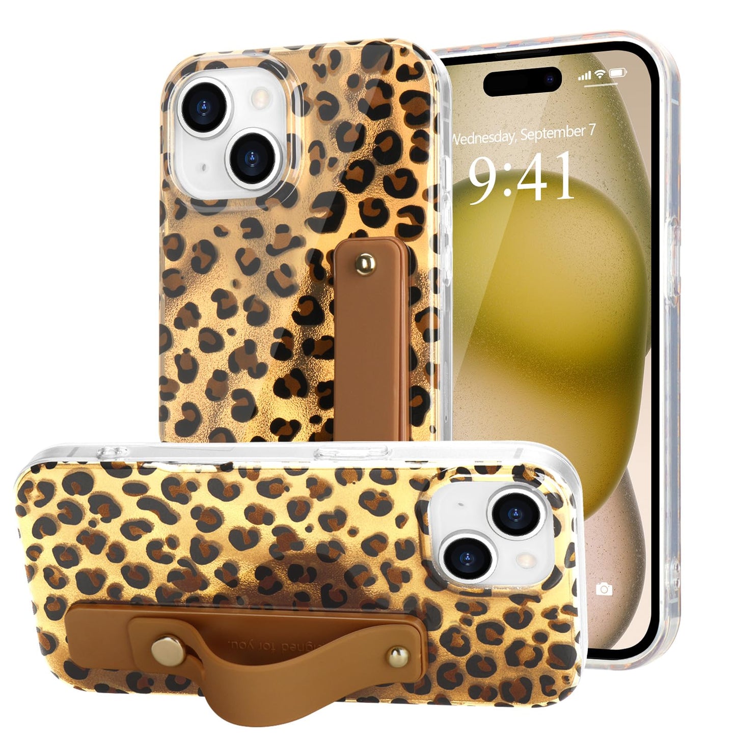LAPOPNUT for iPhone 14/13 Case with Wrist Strap, Cheetah Leopard Tortoise Shell Print Shockproof Soft TPU Protective Cover for W