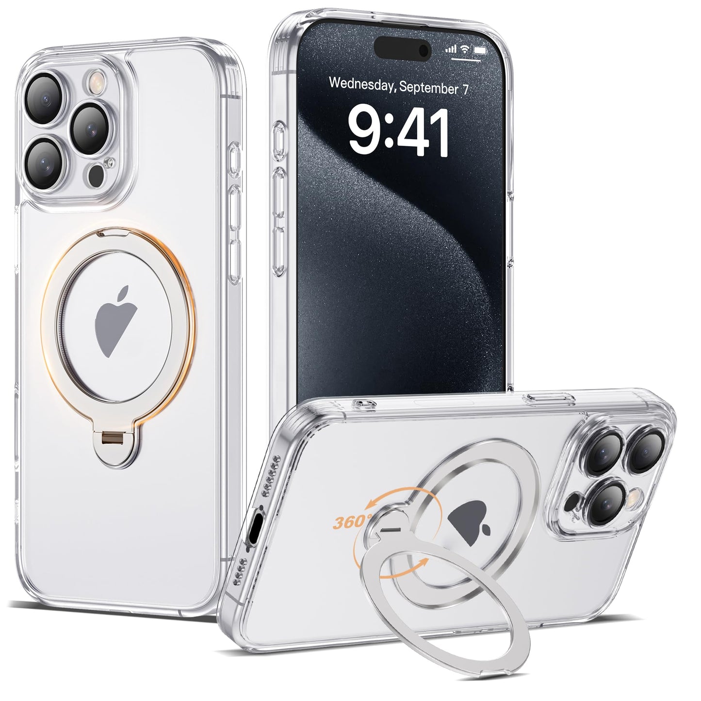 AmoraAqua Compatible with iPhone 15 Pro Max Case with 360 Spin Magnetic Ring Stand [Compatible with Mag-Safe] Camera Lens Protec