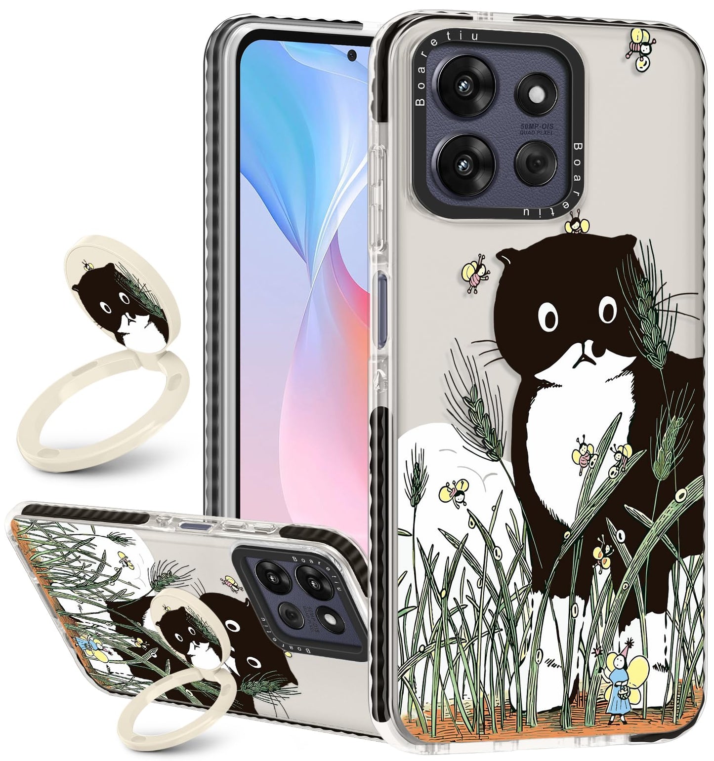 Boaretiu for Motorola Moto G Power/Play 2025 Case - with Stand Cute Kawaii Fashion 360 Rotate Ring Holder Kickstand Black Cat Be