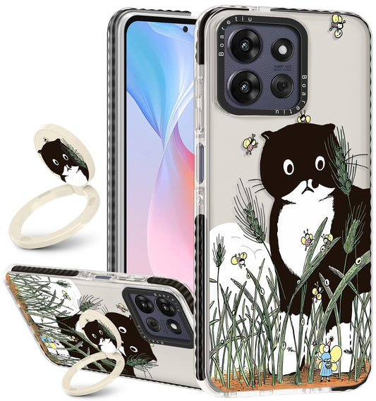 Boaretiu for Motorola Moto G Power/Play 2025 Case - with Stand Cute Kawaii Fashion 360 Rotate Ring Holder Kickstand Black Cat Be