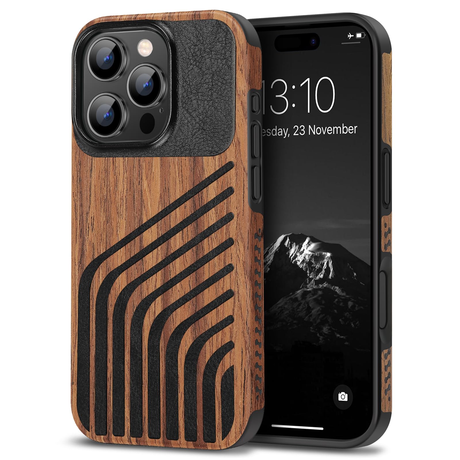 TENDLIN Compatible with iPhone 16 Pro Max Phone Case Wood Grain with Carbon Fiber Texture Design Leather Hybrid Slim Case (Hairl