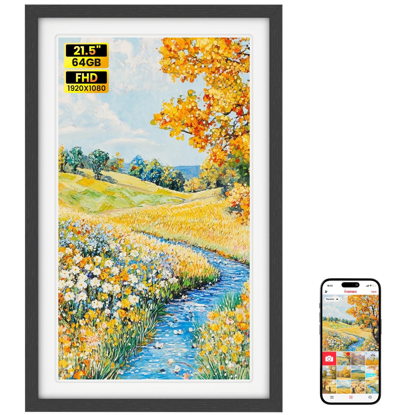 BIGASUO Digital Picture Frame Frameo 21.5 Large 1920 x 1080 IPS FHD WiFi Electronic Photo Frames 64GB Touch Screen Share Moments