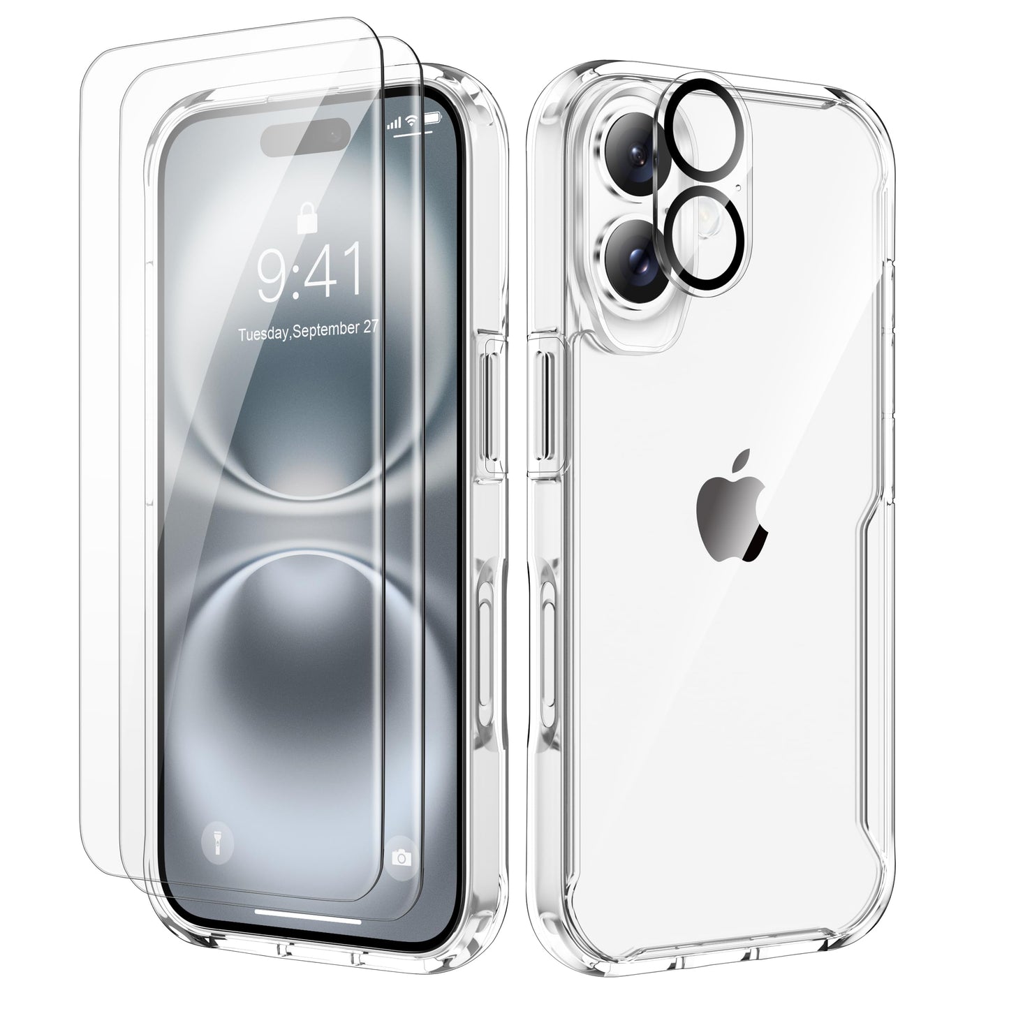 ORETECH Designed for iPhone 16 Case Clear, with [2 X Screen Protector & 1 x Camera Lens Protector] [15 FT Drop Protection] Rugge