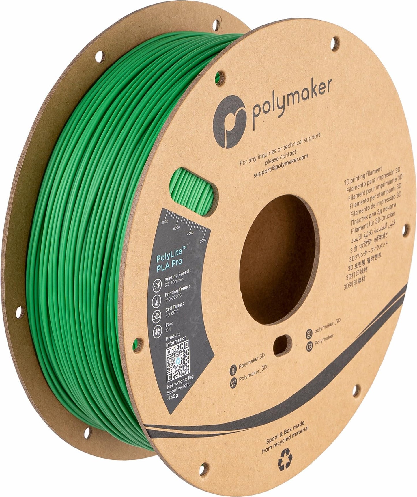 Polymaker PLA PRO Filament 1.75mm 1kg, Tough & High Rigidity Green 3D Printing Filament, PolyLite PLA PRO 3D Printer Filament 1.