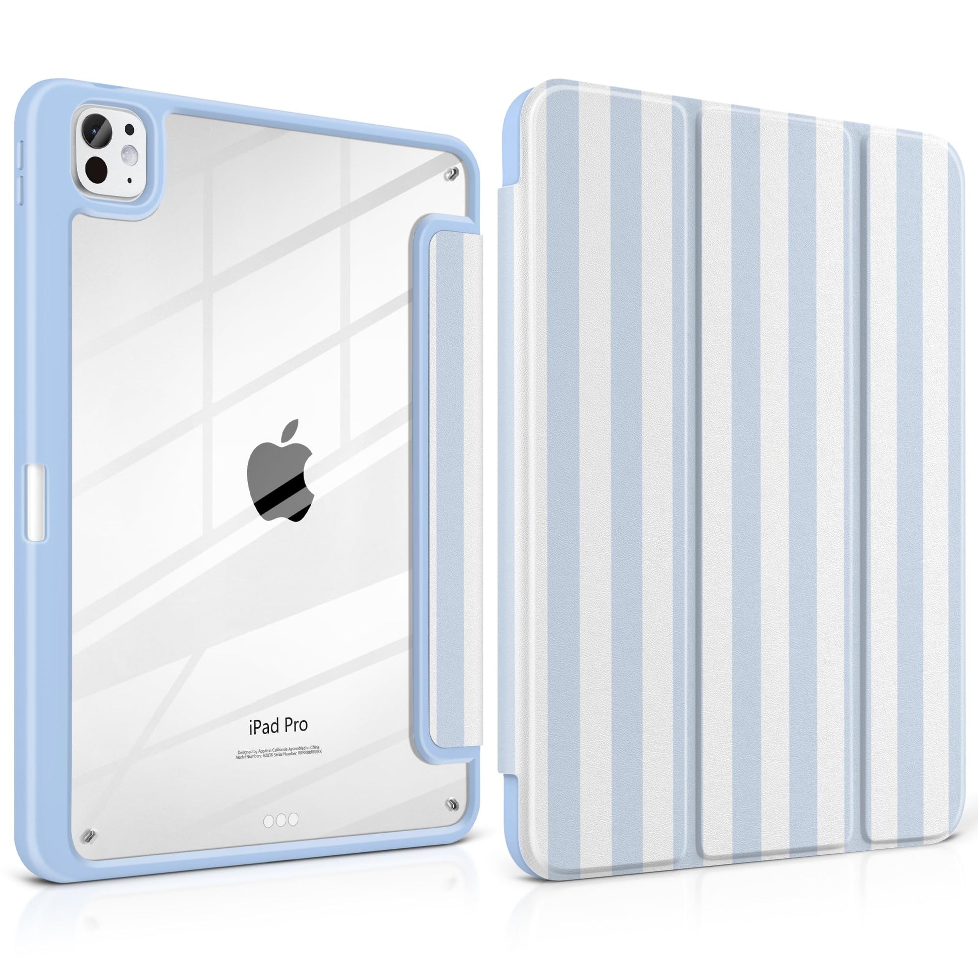Loyrina Case for iPad Pro 11 inch (M5) 2025 (M4) 2024 Release Aesthetic Blue White Striped Cover with Clear Back TPU Edge Pencil