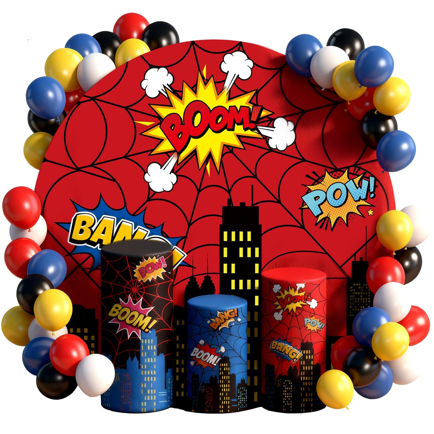 4 Pcs Spider Arch Backdrop Cover Set with 1 Round Backdrop Cover 3 Red Blue Cylinder Pedestal Stand Covers 45 Balloons for Spide