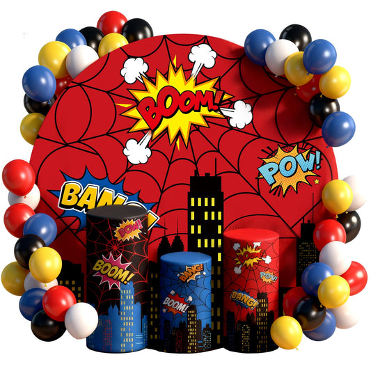 4 Pcs Spider Arch Backdrop Cover Set with 1 Round Backdrop Cover 3 Red Blue Cylinder Pedestal Stand Covers 45 Balloons for Spide