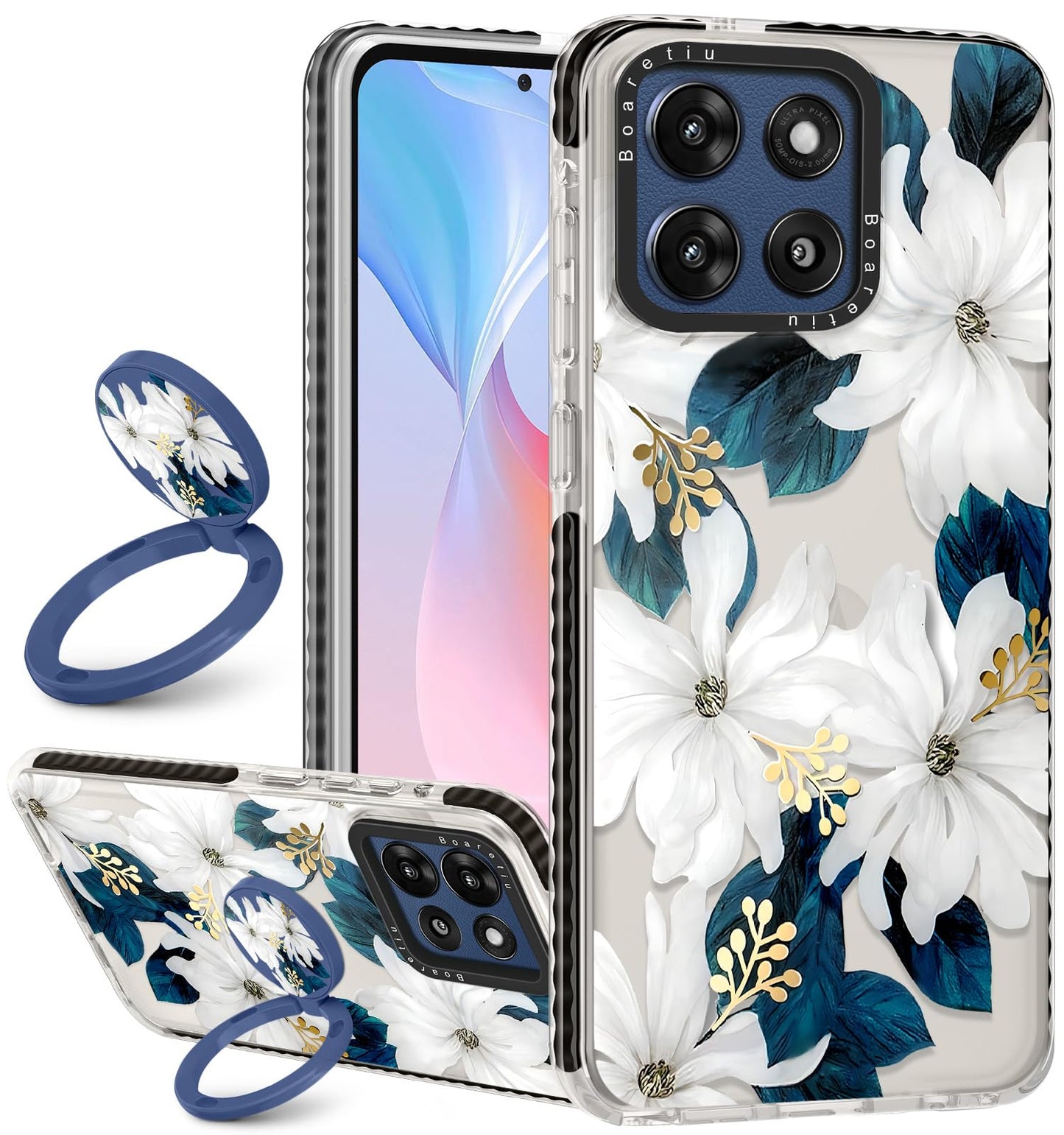 Boaretiu for Motorola Moto G Stylus 2025 Case - with Stand Cute Kawaii Fashion 360 Rotate Ring Holder Kickstand Blue Flower for