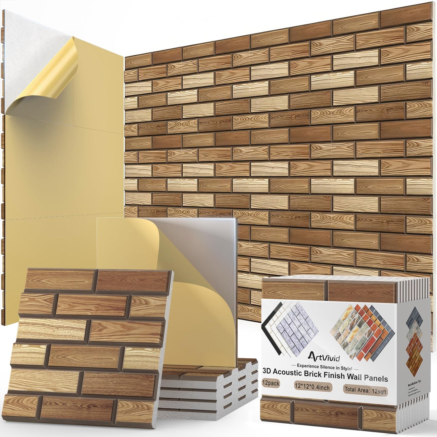 12Pack Acoustic Panels, Self-Adhesive 3D Brick Pattern Sound Proof Panels for Walls, High Density Decorative Acoustic Foam, Soun