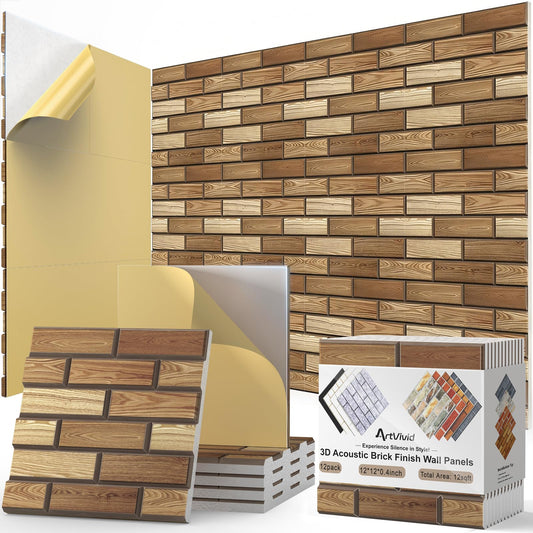 12Pack Acoustic Panels, Self-Adhesive 3D Brick Pattern Sound Proof Panels for Walls, High Density Decorative Acoustic Foam, Soun