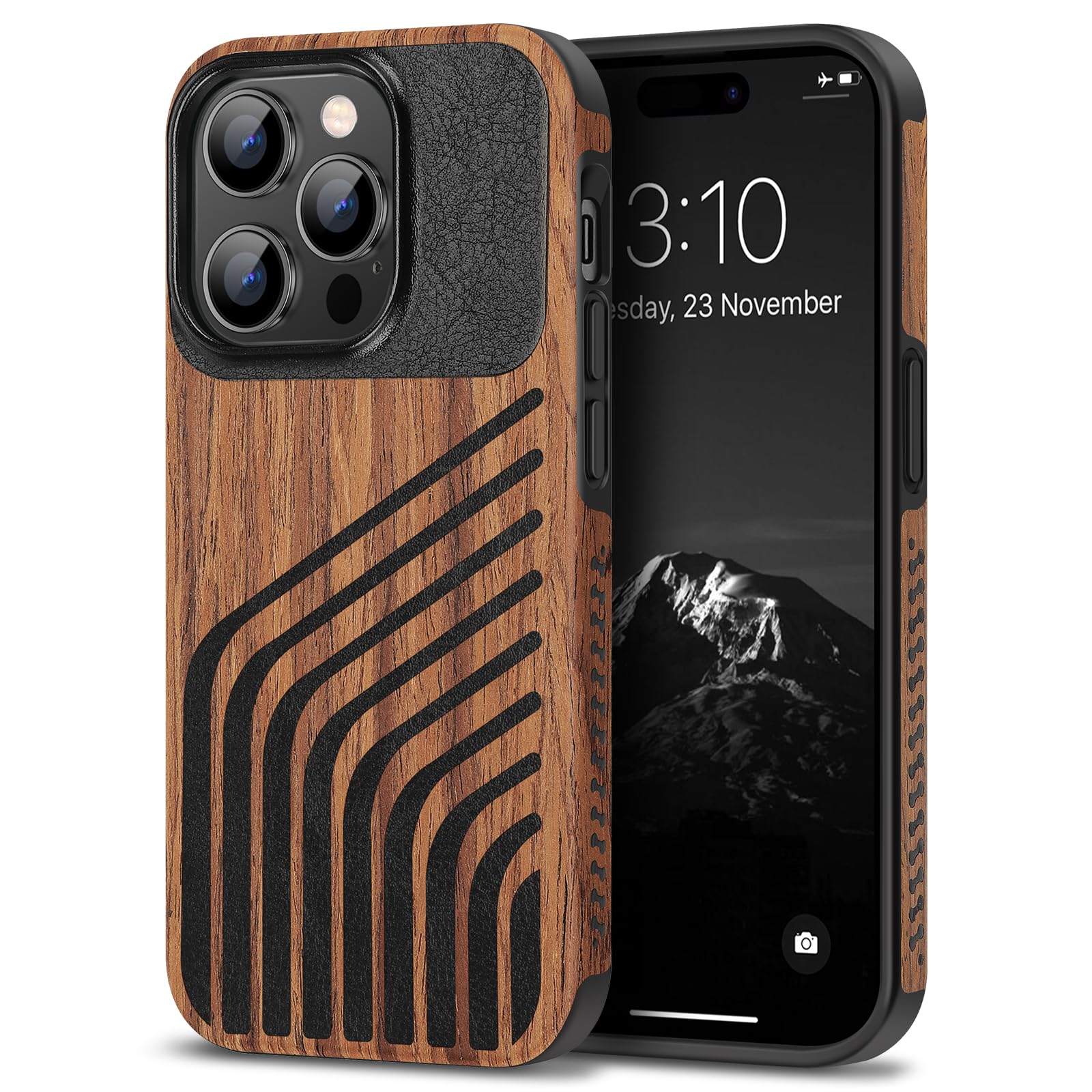 TENDLIN Compatible with iPhone 14 Pro Case Wood Grain with Carbon Fiber Texture Design Leather Hybrid Slim Case (Hairline)