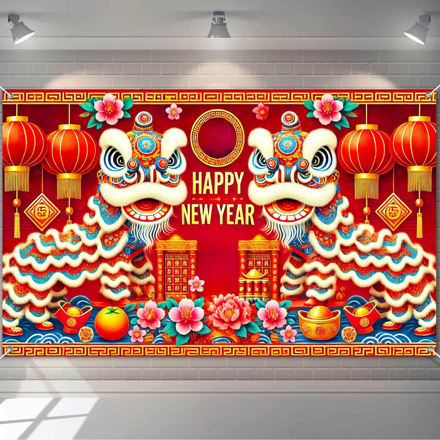BlissYard 2026 Happy New Year Banner Chinese Lion Dance Backdrop Red Gold Festival Wall Decor Lunar New Year Party Photo Backgro