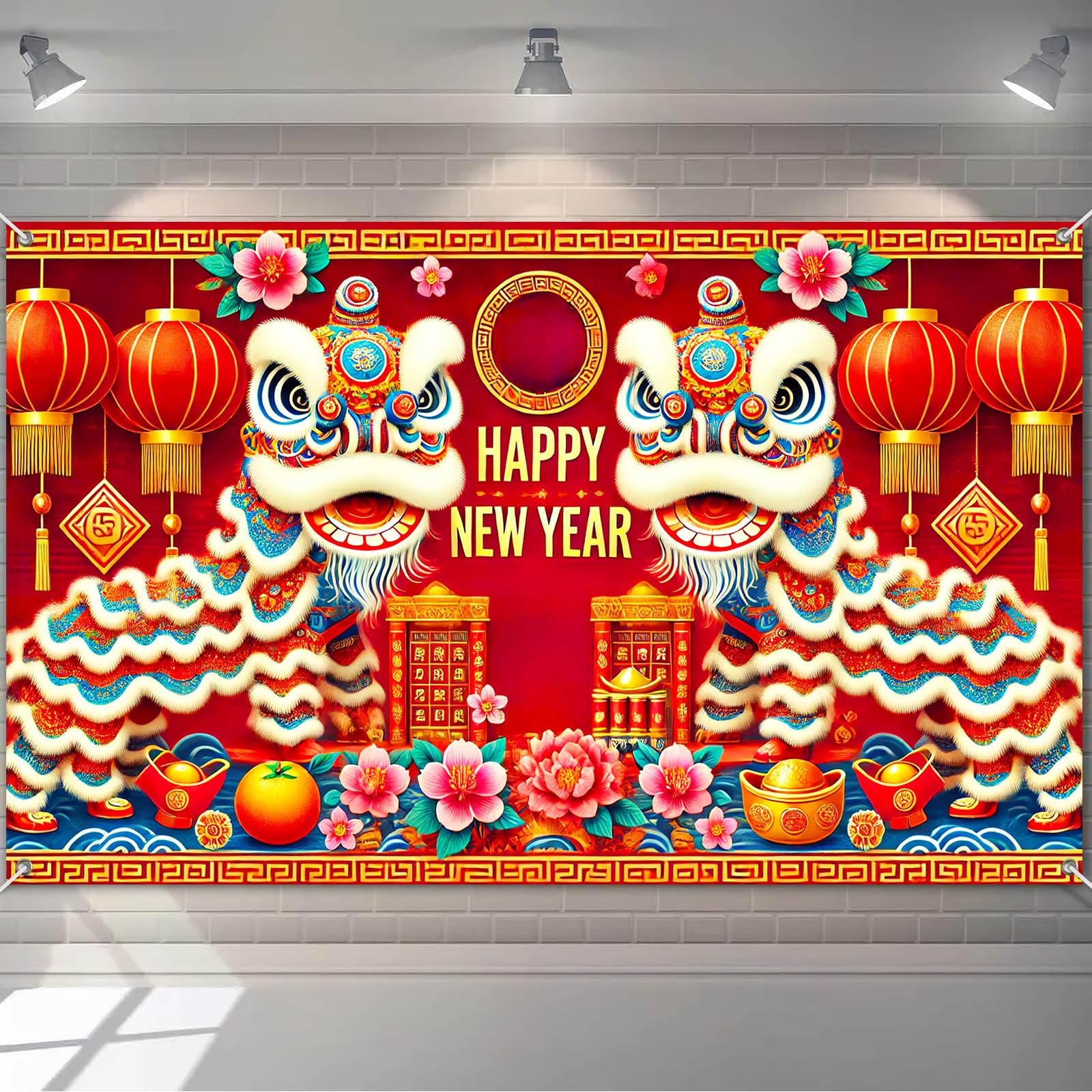 BlissYard 2026 Happy New Year Banner Chinese Lion Dance Backdrop Red Gold Festival Wall Decor Lunar New Year Party Photo Backgro