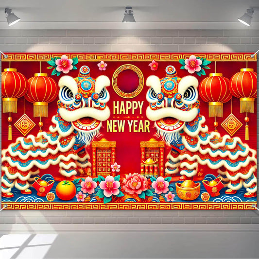 BlissYard 2026 Happy New Year Banner Chinese Lion Dance Backdrop Red Gold Festival Wall Decor Lunar New Year Party Photo Backgro