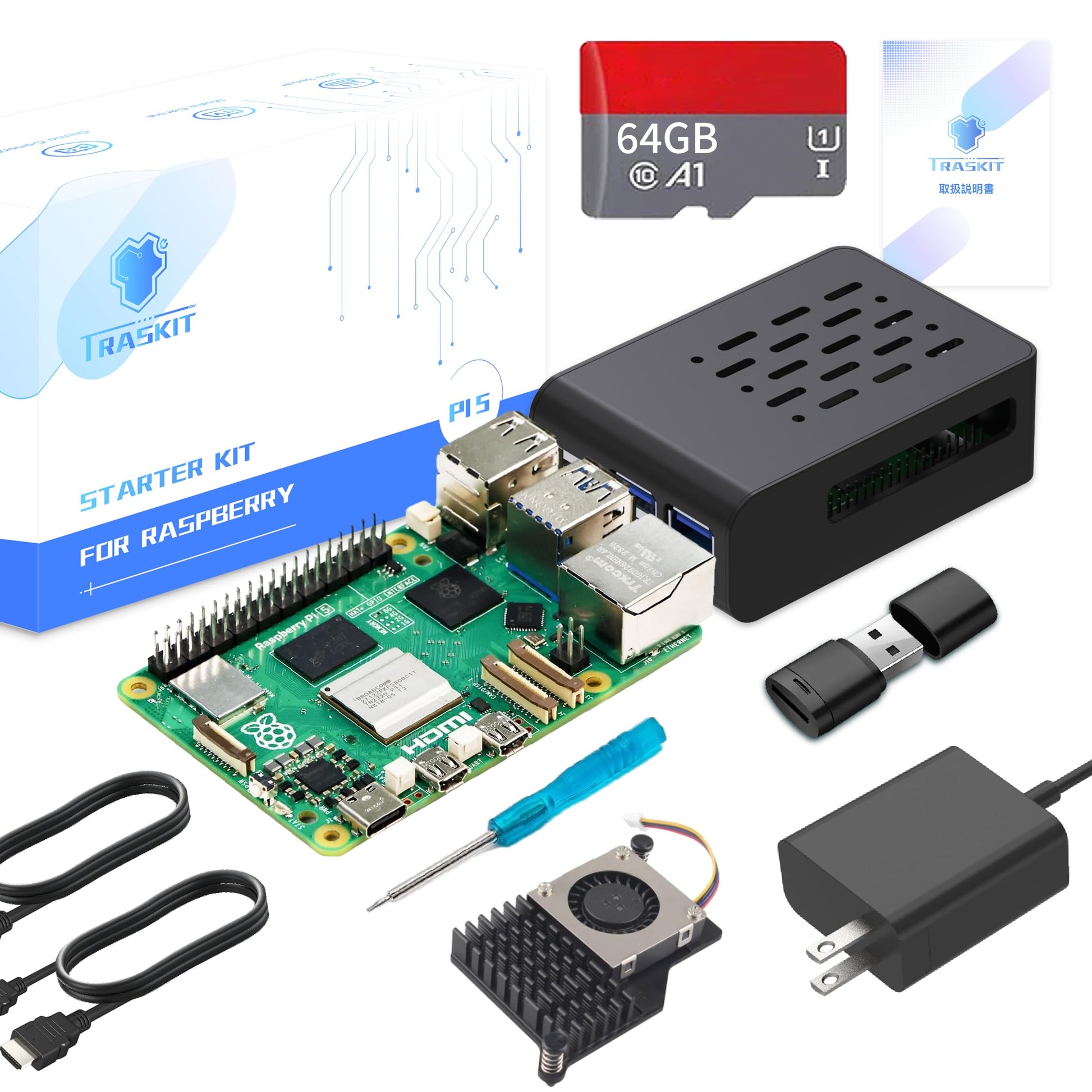 TRASKIT Starter Kit for Raspberry Pi 5 8GB RAM,Pre-Loaded 64GB Edition Pi OS