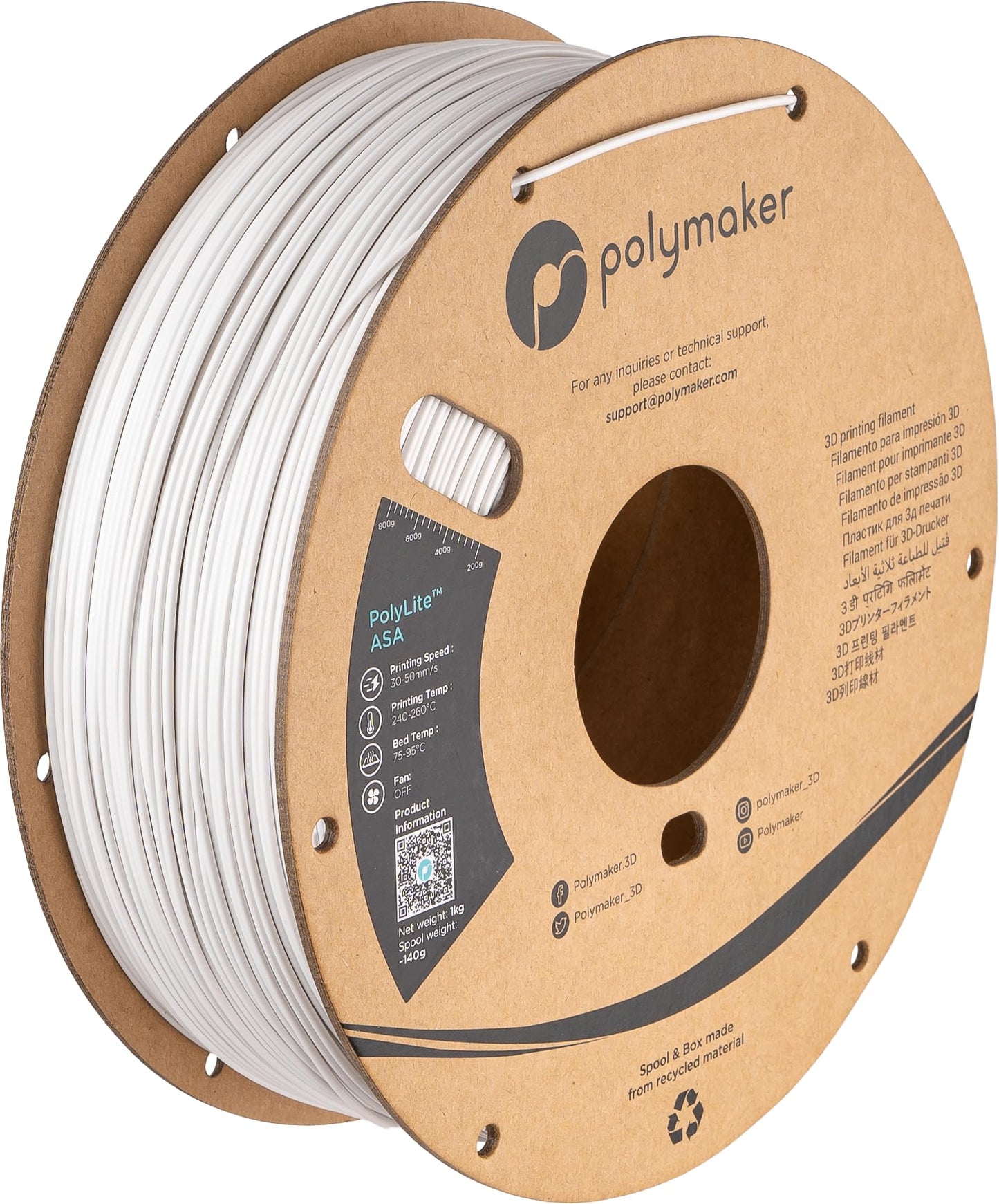 Polymaker ASA Filament 1.75mm White, 1kg ASA 3D Printing Filament, Heat & Weather Resistant - ASA 3D Printer Filament Perfect fo