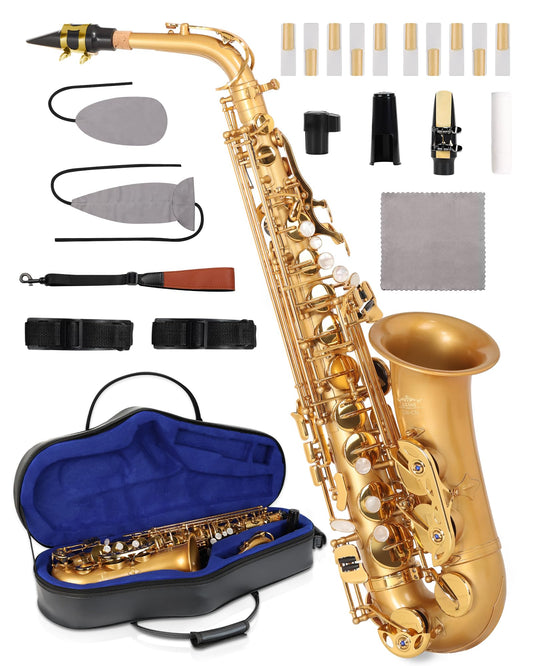 AKLOT Handcrafted E-Flat Alto Saxophone: Matte Gold Brass Body with Warm, Rich Tone, Secure Air Seal, Smooth 23-Key System, Incl