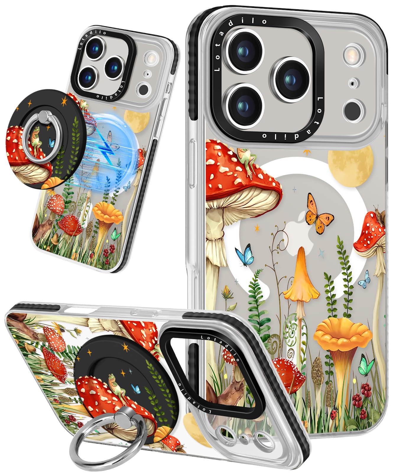 Lotadilo Case for iPhone 17 Pro Case Compatible with Magsafe Ring Holder Stand - for Women Butterfly Mogu Design TPU Phone Cover