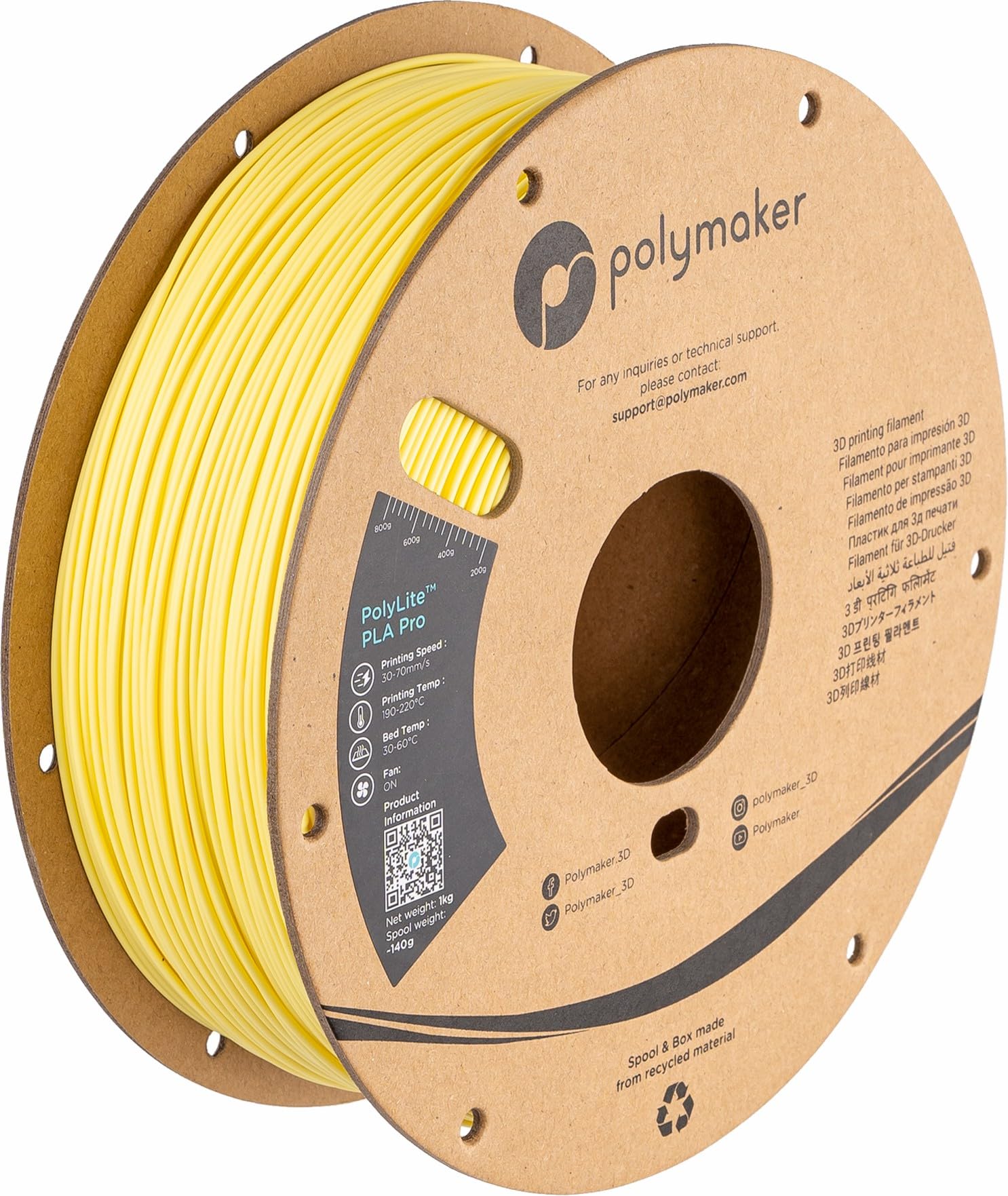 Polymaker PLA PRO Filament 1.75mm 1kg, Tough & High Rigidity Light Yellow 3D Printing Filament, PolyLite PLA PRO 3D Printer Fila