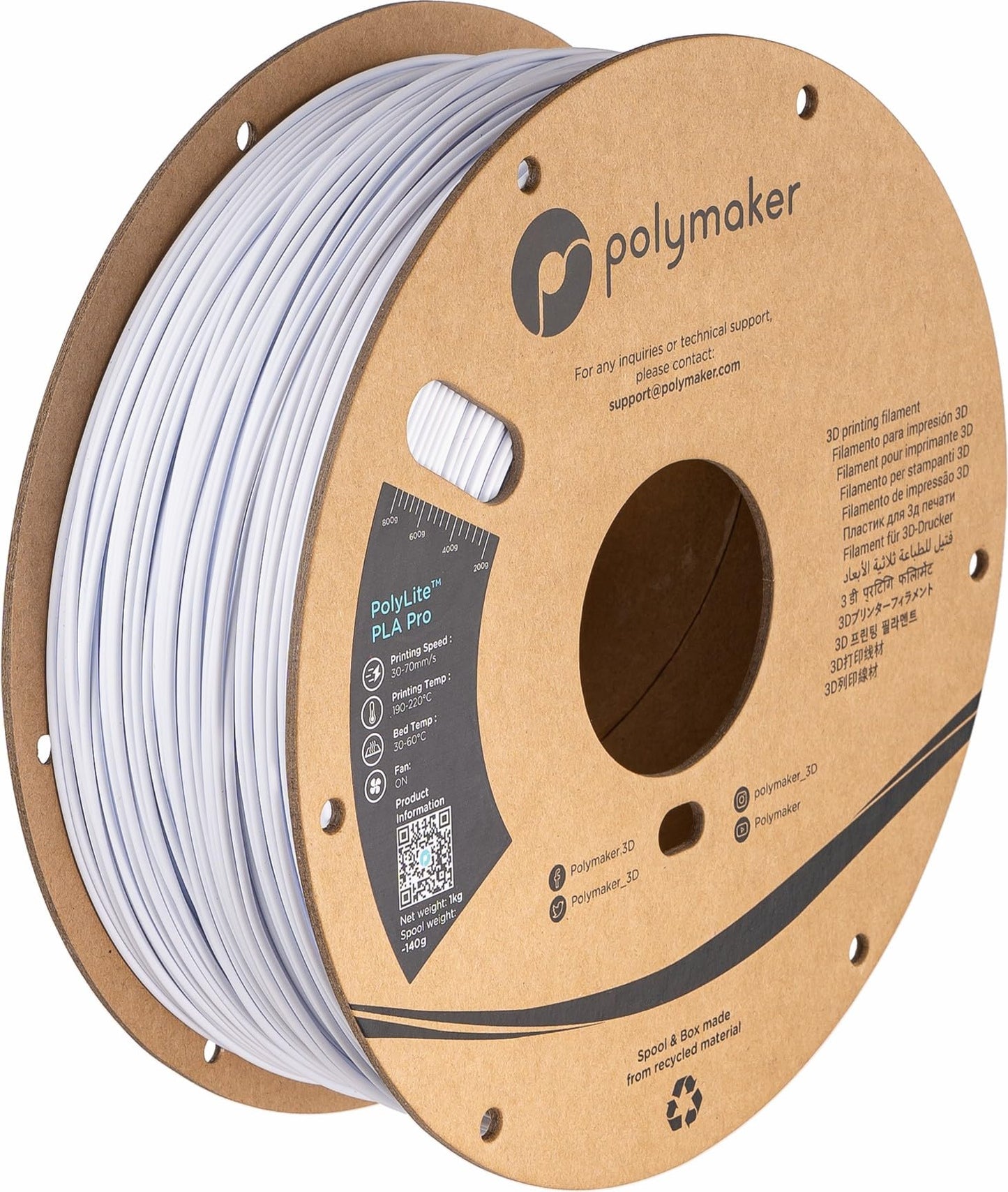 Polymaker PLA PRO Filament 1.75mm 1kg, Tough & High Rigidity Cold White 3D Printing Filament, PolyLite PLA PRO 3D Printer Filame
