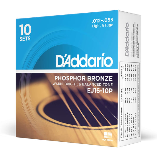 DAddario Acoustic Guitar Strings, Phosphor Bronze, EJ16-10P, Light Gauge 12-53, 6-String Set, Pack of 10