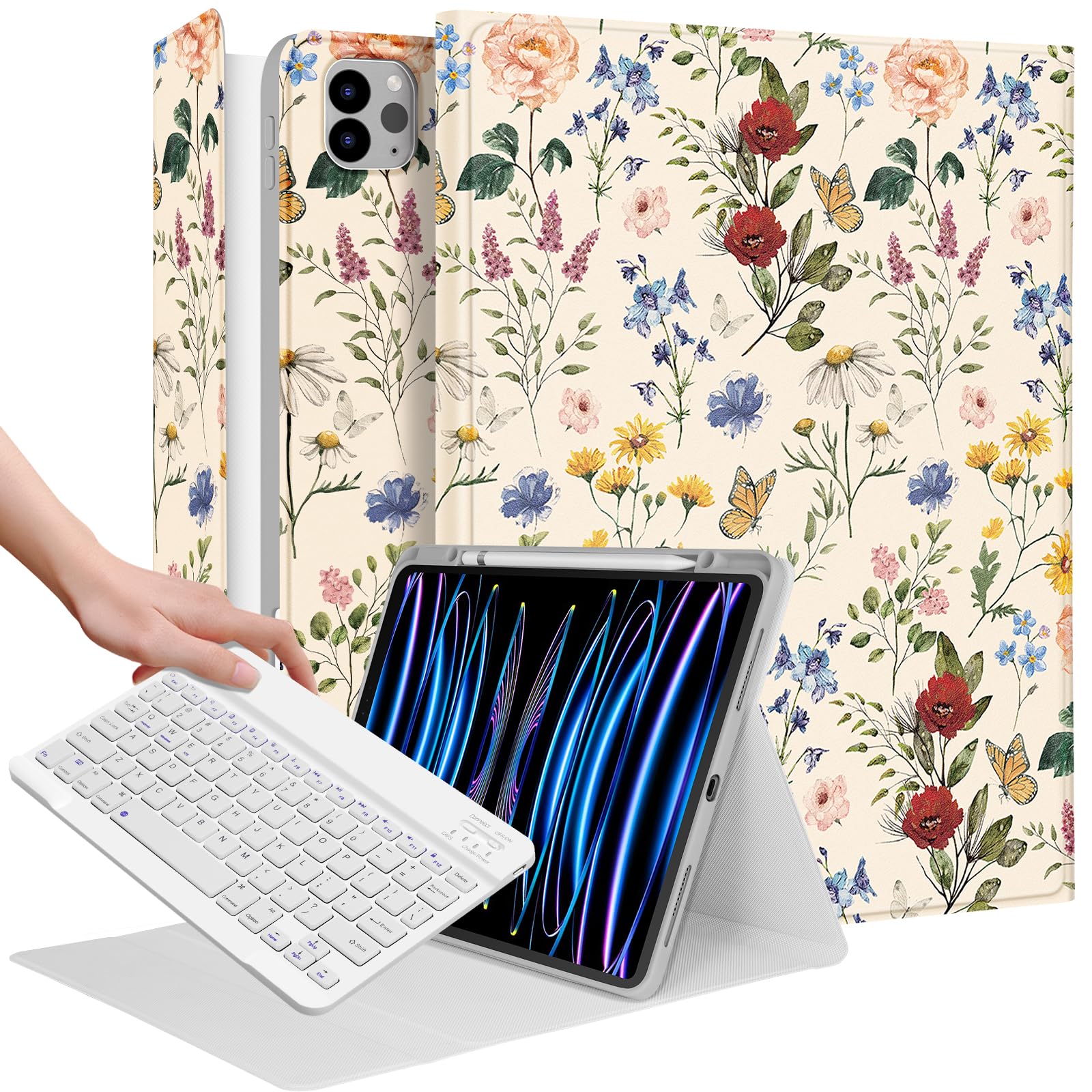 Wazzasoft for iPad Air 13 inch Case Keyboard M2/M3, for iPad Pro 12.9 Case with Keyboard Pencil Holder Folio Women Girls Cute Ka