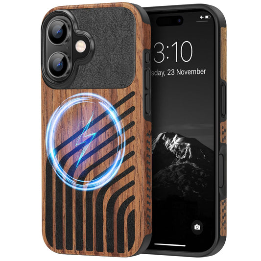 TENDLIN Magnetic Case Compatible with iPhone 16 Phone Case Wood Grain with Carbon Fiber Texture Design Leather Hybrid Slim Cover